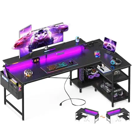 Front. Hirose Alice - Gaming Desk With Usb Charging Ports And Led Lights Reversible L Shaped Computer Storage Shelves & Monitor Sta - Carbon Fiber Surface, Black-58 Inch.