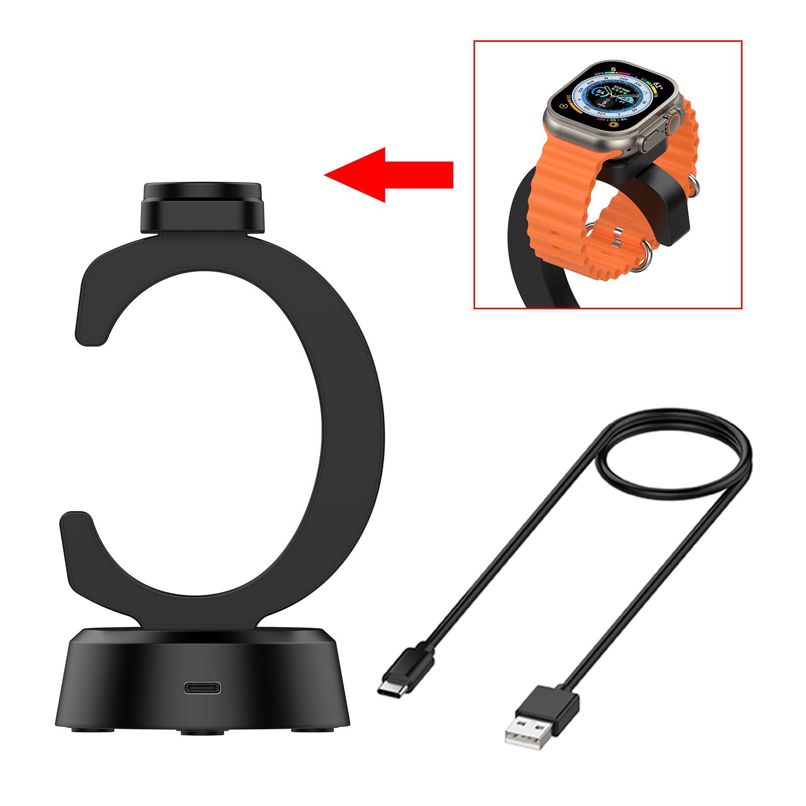 Back. Topteng - C-Shaped Magnetic Charging Stand for Apple Watch - Portable Vertical Dock with USB-C Cable - Black.