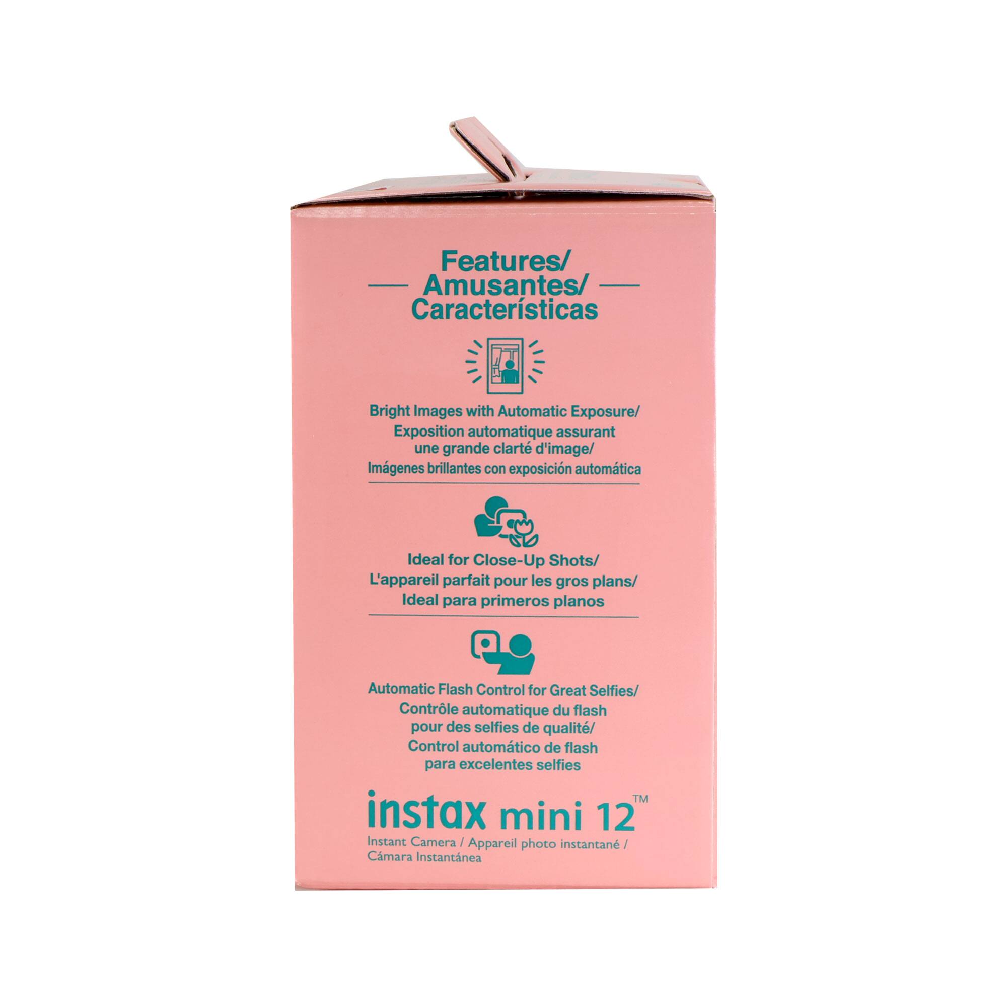 Features/ Amusantes/ Características  
- Bright Images with Automatic Exposure/ Exposition automatique assurant une grande clarté d'image/ Imágenes brillantes con exposición automática  
- Ideal for Close-Up Shots/ L'appareil parfait pour les gros plans/ Ideal para primeros planos  
- Automatic Flash Control for Great Selfies/ Contrôle automatique du flash pour des selfies de qualité/ Control automático de flash para excelentes selfies  

instax mini 12  
Instant Camera / Appareil photo instantané / Cámara instantánea