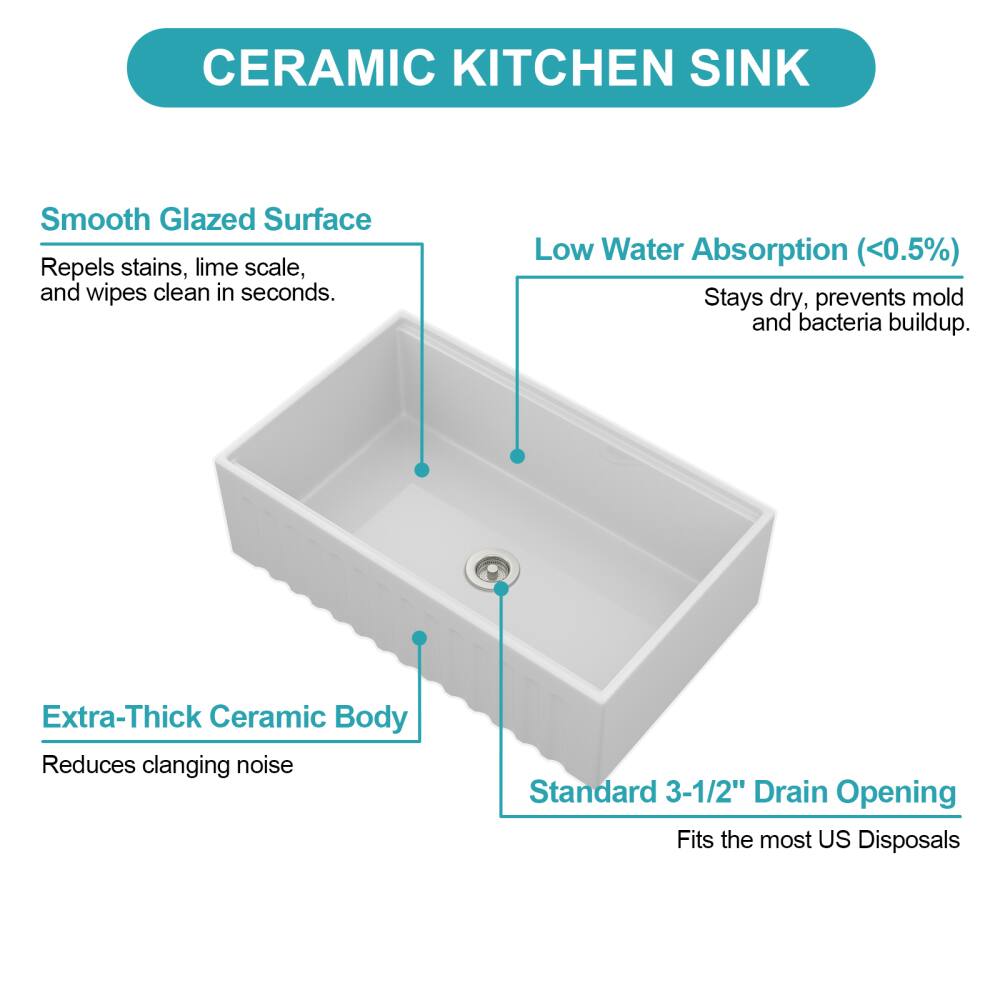 CERAMIC KITCHEN SINK

- Smooth Glazed Surface
  - Repels stains, lime scale, and wipes clean in seconds.

- Low Water Absorption (<0.5%)
  - Stays dry, prevents mold and bacteria buildup.

- Extra-Thick Ceramic Body
  - Reduces clanging noise.

- Standard 3-1/2" Drain Opening
  - Fits the most US Disposals.