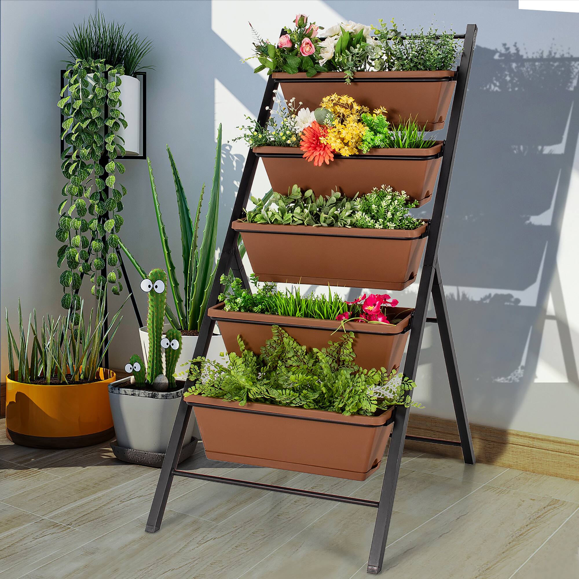 Alt View 5. Costway - 5-tier Vertical Garden Planter Box Elevated Raised Bed w/5 Container - Brown.