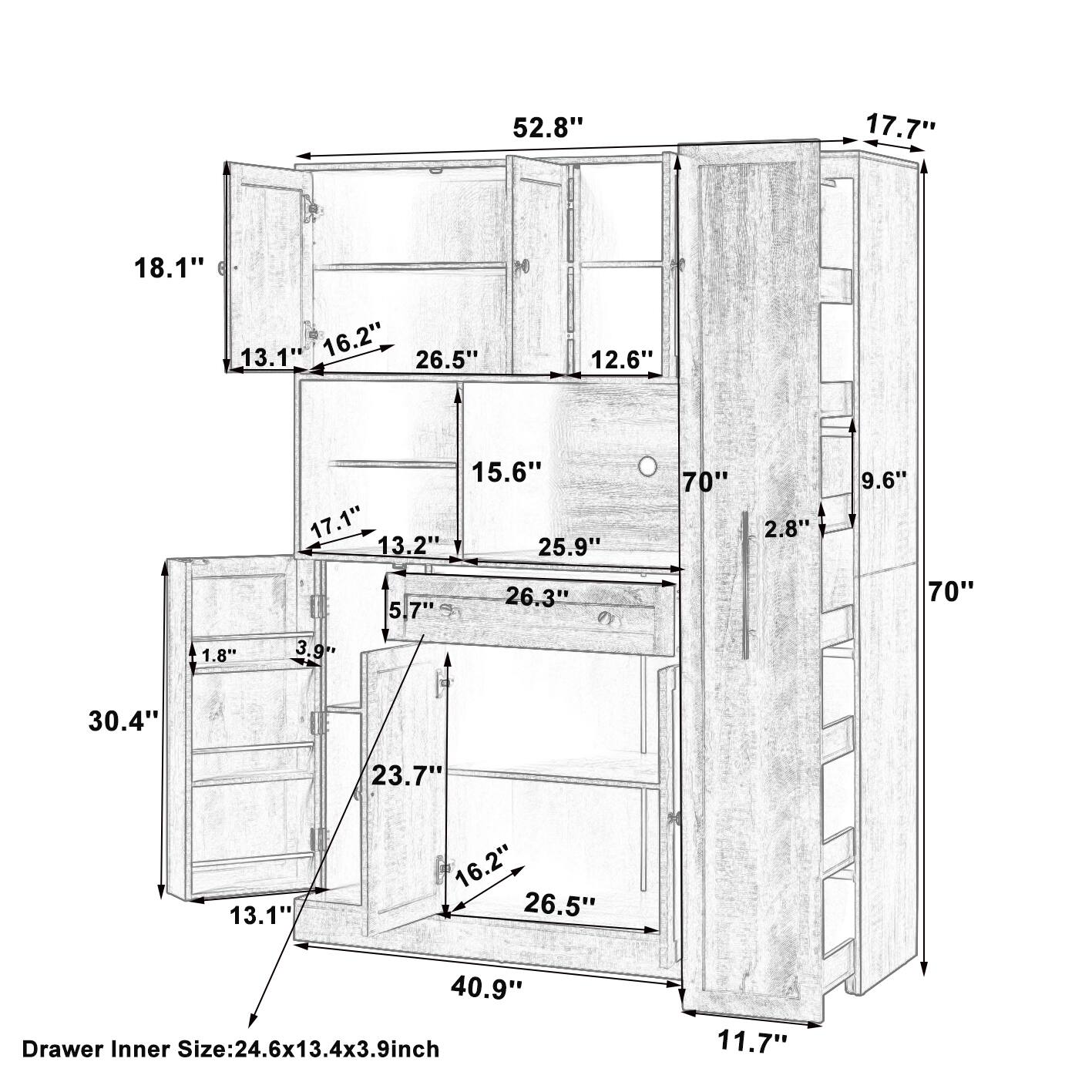 52.8" 17.7" 18.1" 13.1" 16.2" 26.5" 12.6" 15.6" 17.1" 13.2" 25.9" 70" 2.8" 9.6" 1.8" 3.9" 5.7" 26.3" 30.4" 23.7" 13.1" 16.2" 26.5" 40.9" 11.7" Drawer Inner Size: 24.6x13.4x3.9 inch