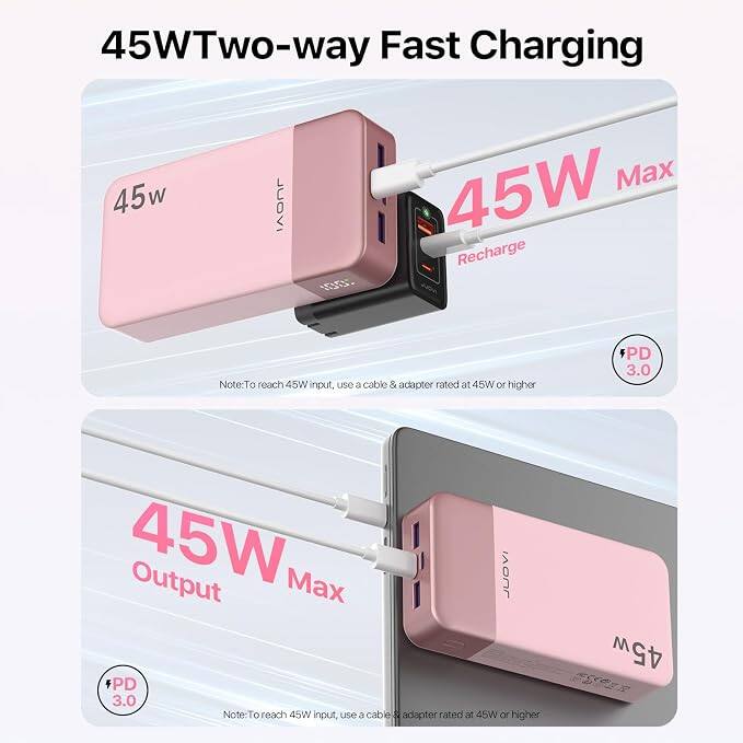 45W Two-way Fast Charging  
45W Max  
45W VOUL Recharge  
Note: To reach 45W input, use a cable & adapter rated at 45W or higher  
PD 3.0  
45W Output Max  
Note: To reach 45W input, use a cable & adapter rated at 45W or higher