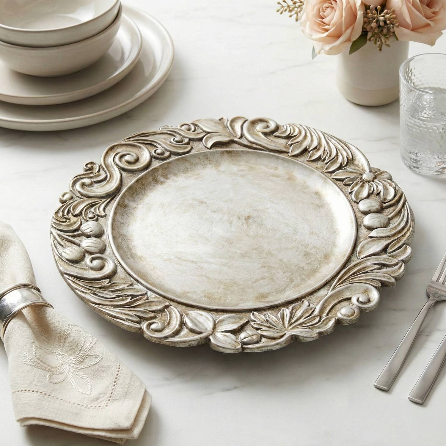 Left. American Atelier - Cantera Silver Charger Plates Set of 4 13" D - Silver.