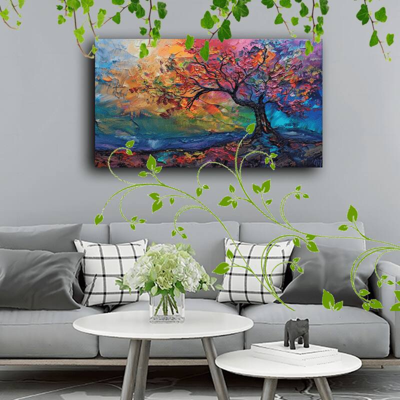 Left. blue - 1pc Vibrant Rainbow Foliage Abstract Tree Canvas Art - Wooden Framed, Textured Paint, Ideal for Home & Office Decor, Li - Color:12*18in.