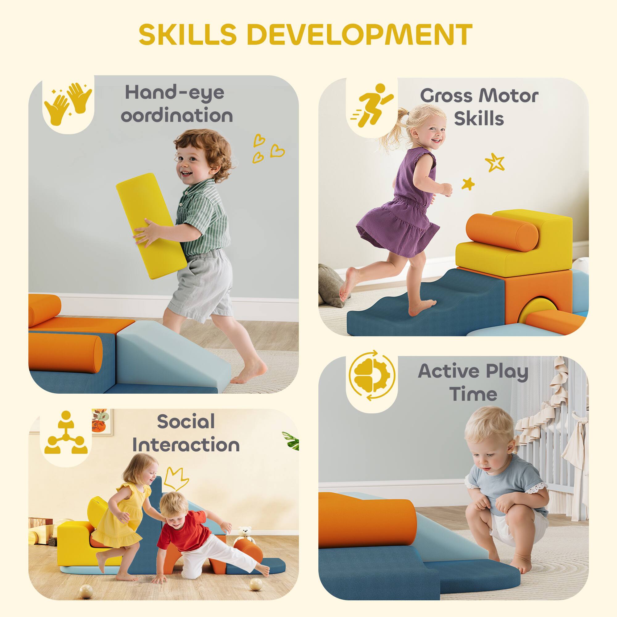 SKILLS DEVELOPMENT

- Hand-eye coordination
- Gross Motor Skills
- Social Interaction
- Active Play Time