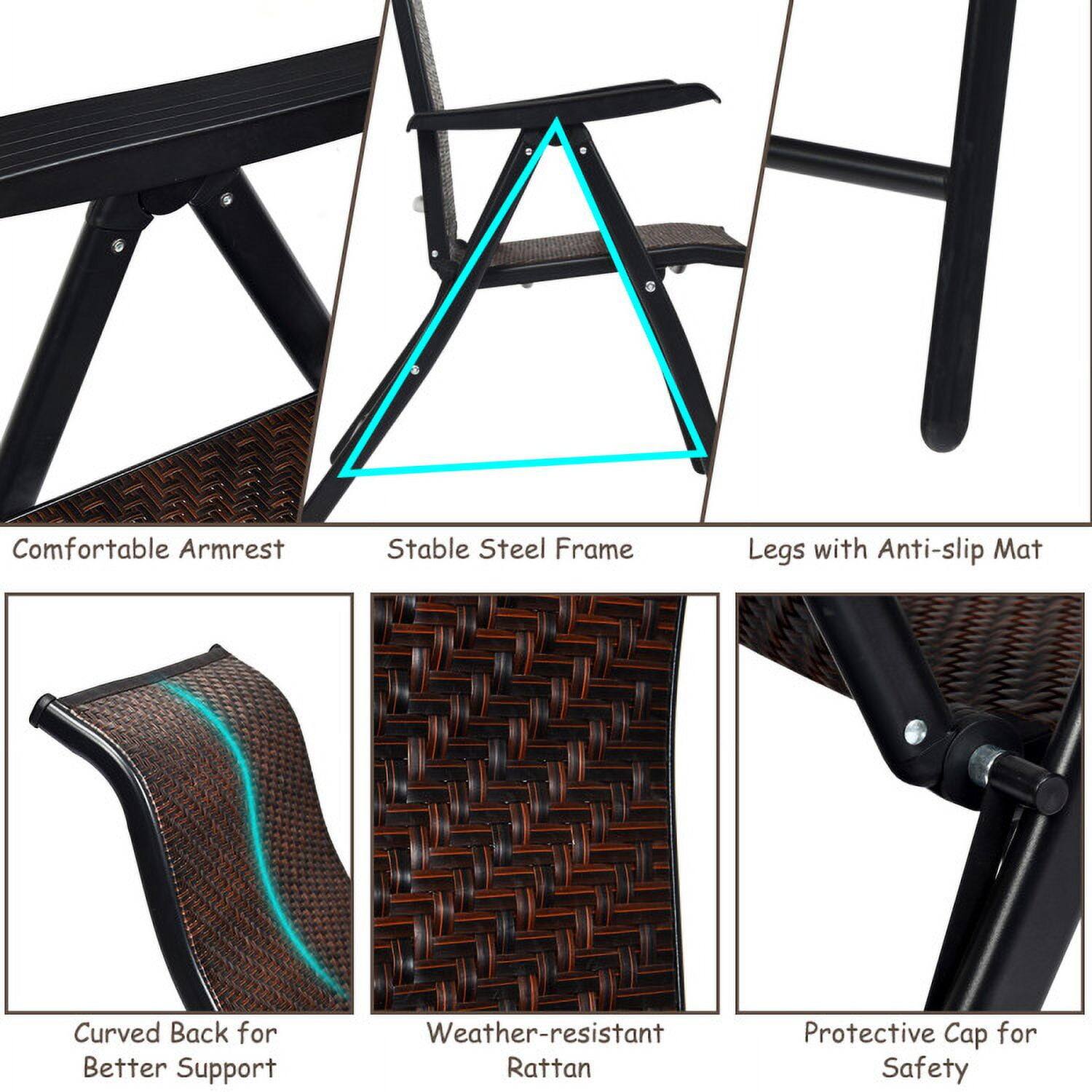 Comfortable Armrest  
Stable Steel Frame  
Legs with Anti-slip Mat  
Curved Back for Better Support  
Weather-resistant Rattan  
Protective Cap for Safety