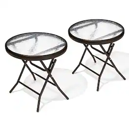 Crestlive Products - 2pc 18in Foldable Glass Top Outdoor Steel Frame Side Round Outdoor End Table - Brown