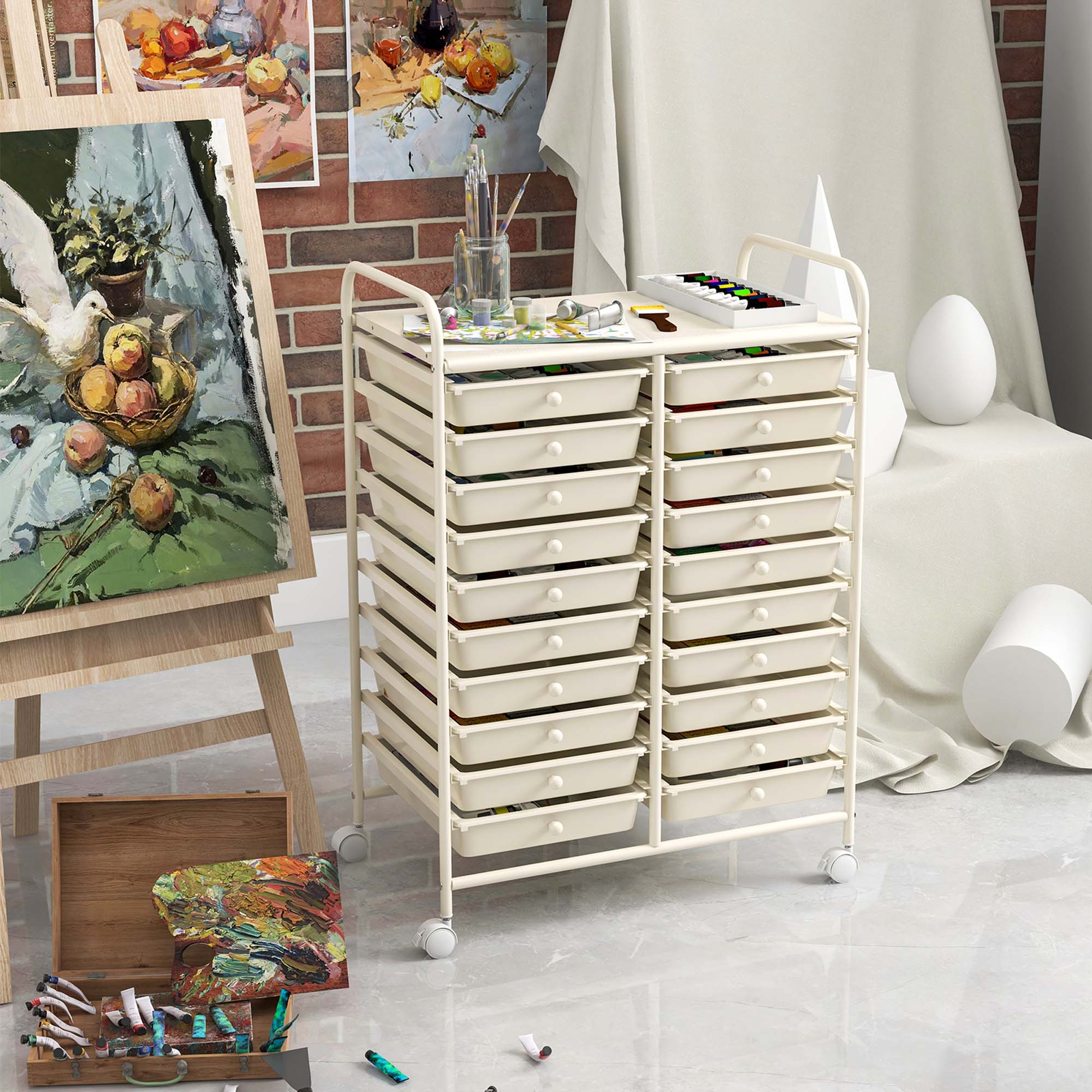 Alt View 3. Costway - Costway 20 Drawers Rolling Storage Cart Art Craft Organizer on Wheels Multipurpose - Off White.