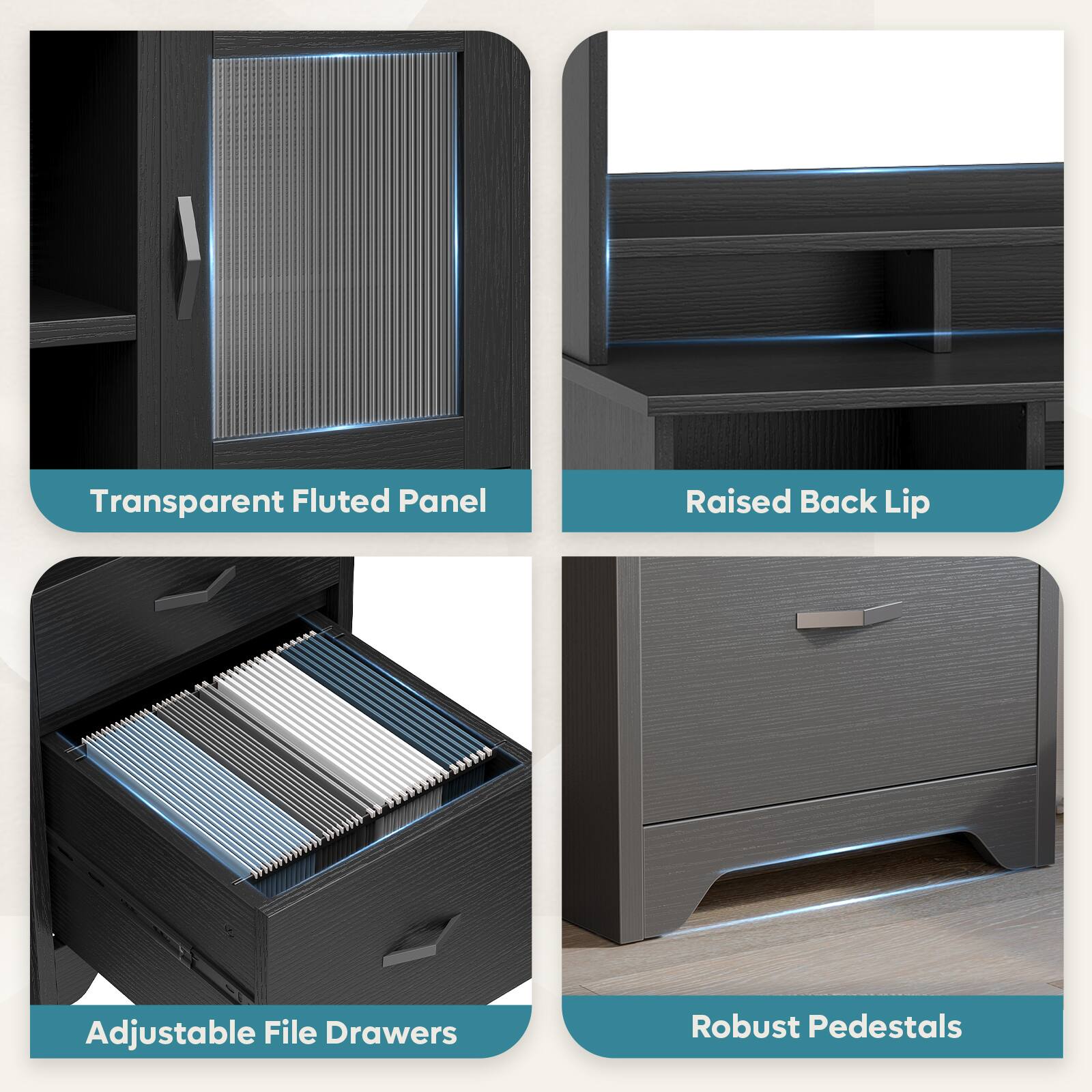 Transparent Fluted Panel  
Raised Back Lip  
Adjustable File Drawers  
Robust Pedestals