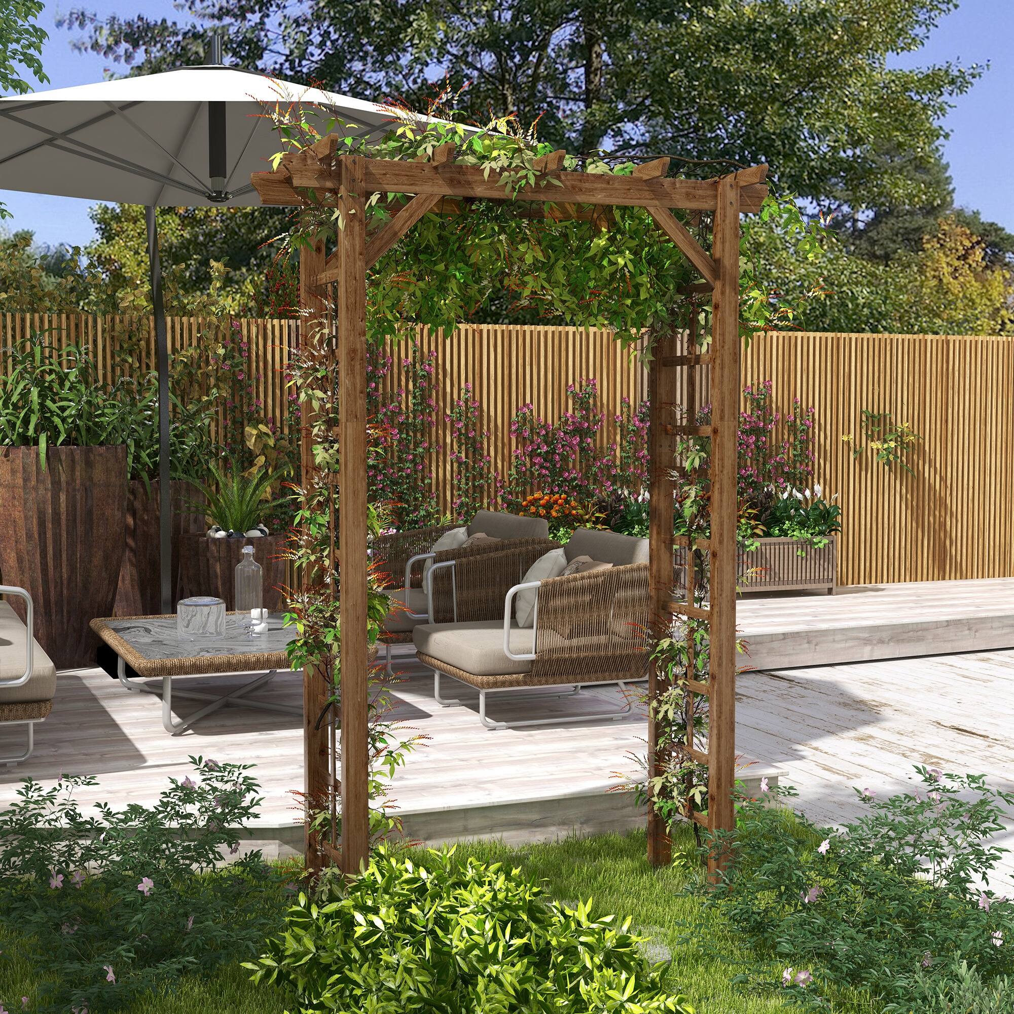Alt View 1. Outsunny - 85" Wooden Garden Arbor for Wedding and Ceremony, Outdoor Garden Arch Trellis for Climbing Vines - Carbonized.