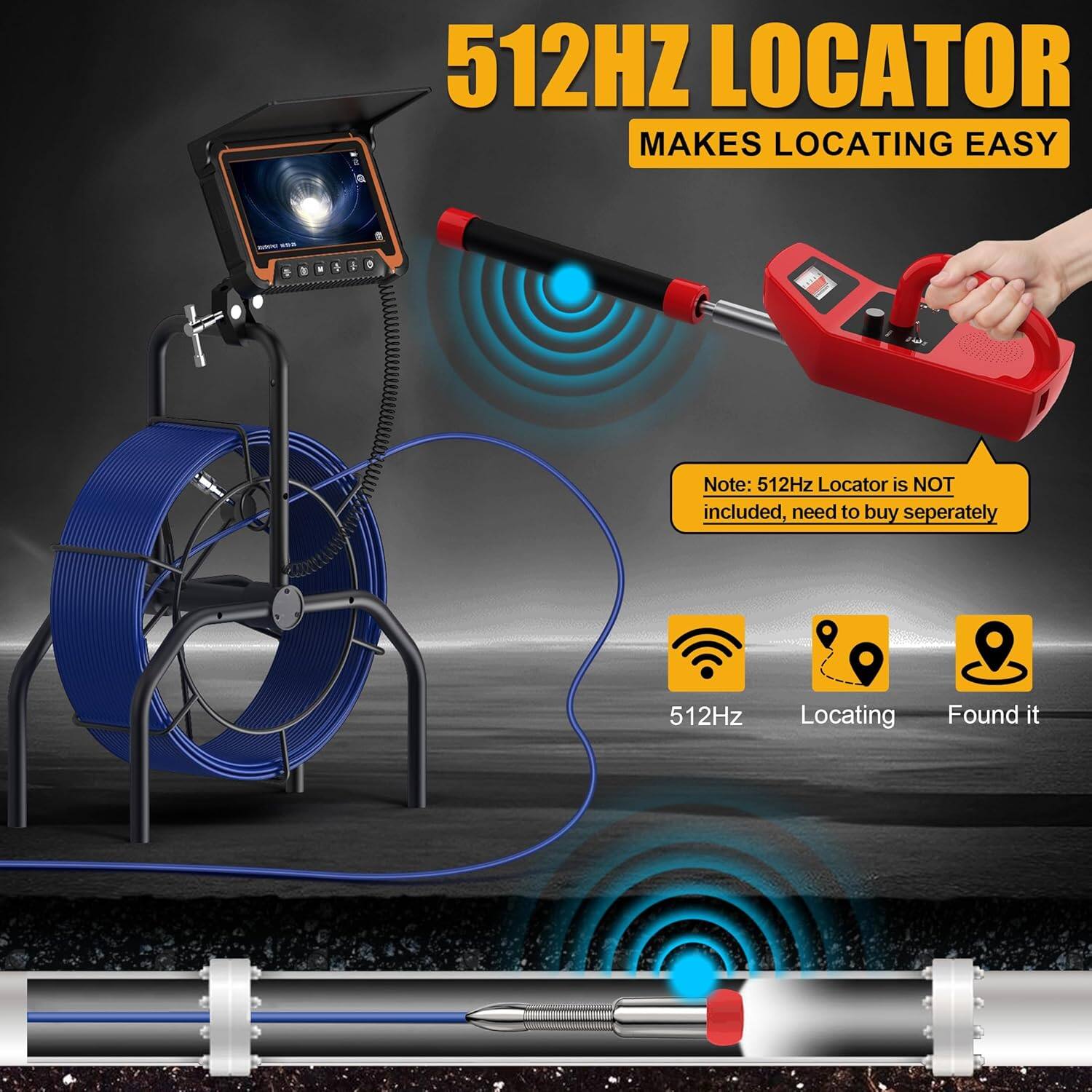Left. Aukfa - Endoscope Camera with 512Hz Locator - 7" Monitor, 100ft Self-Leveling Sewer Inspection, DVR, 5X Zoom.