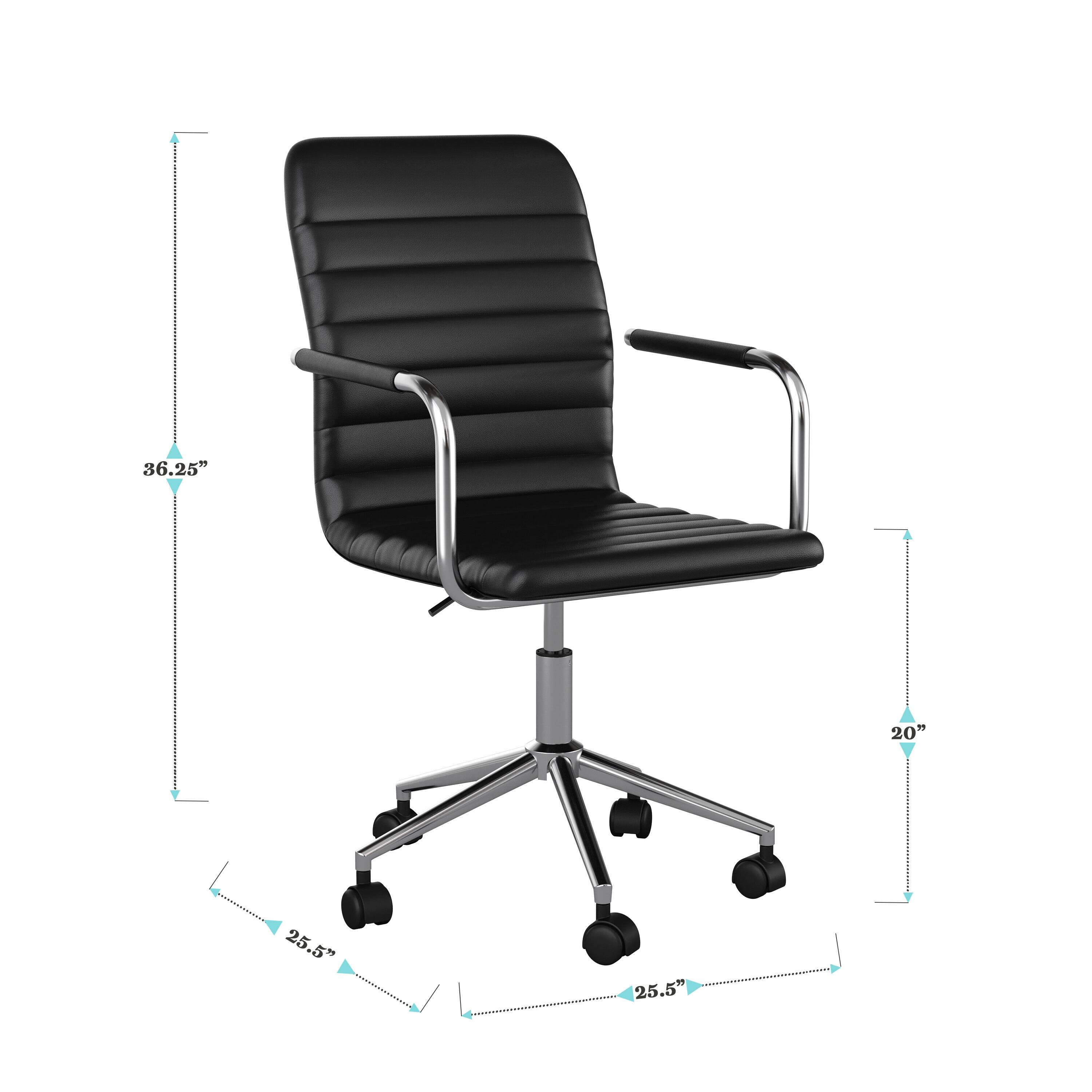 The text on the image reads: "36.25" 20" 25.5" 25.5". This information is likely related to the dimensions of the black office chair.