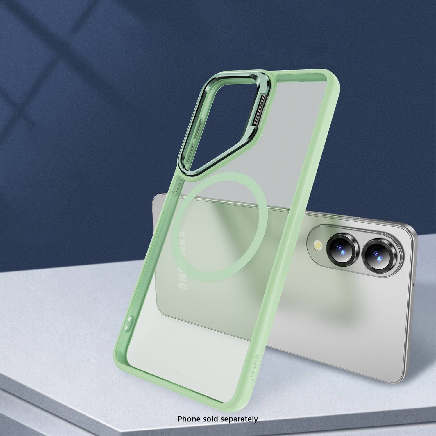 The image features a green case for a cell phone, which is placed on a table. The case is made of plastic and has a clear, reflective surface. The case is designed to protect the phone and is available for purchase separately. The phone itself is not visible in the image, as it is not included in the case.