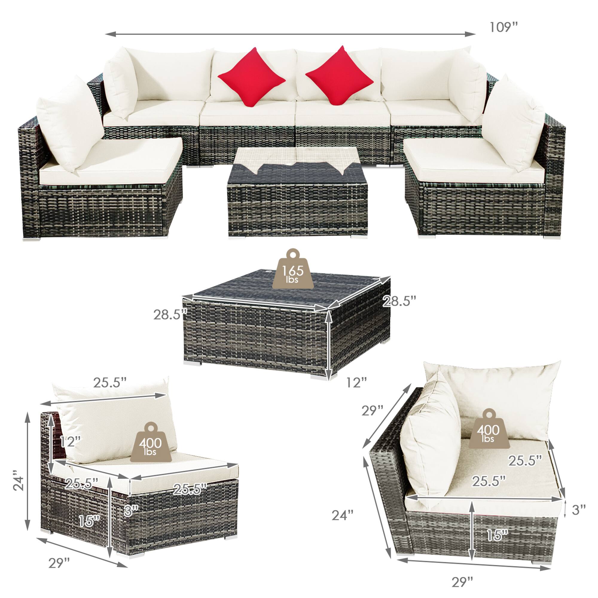 109", 165 lbs, 28.5", 25.5", 12", 24", 400 lbs, 3", 29"