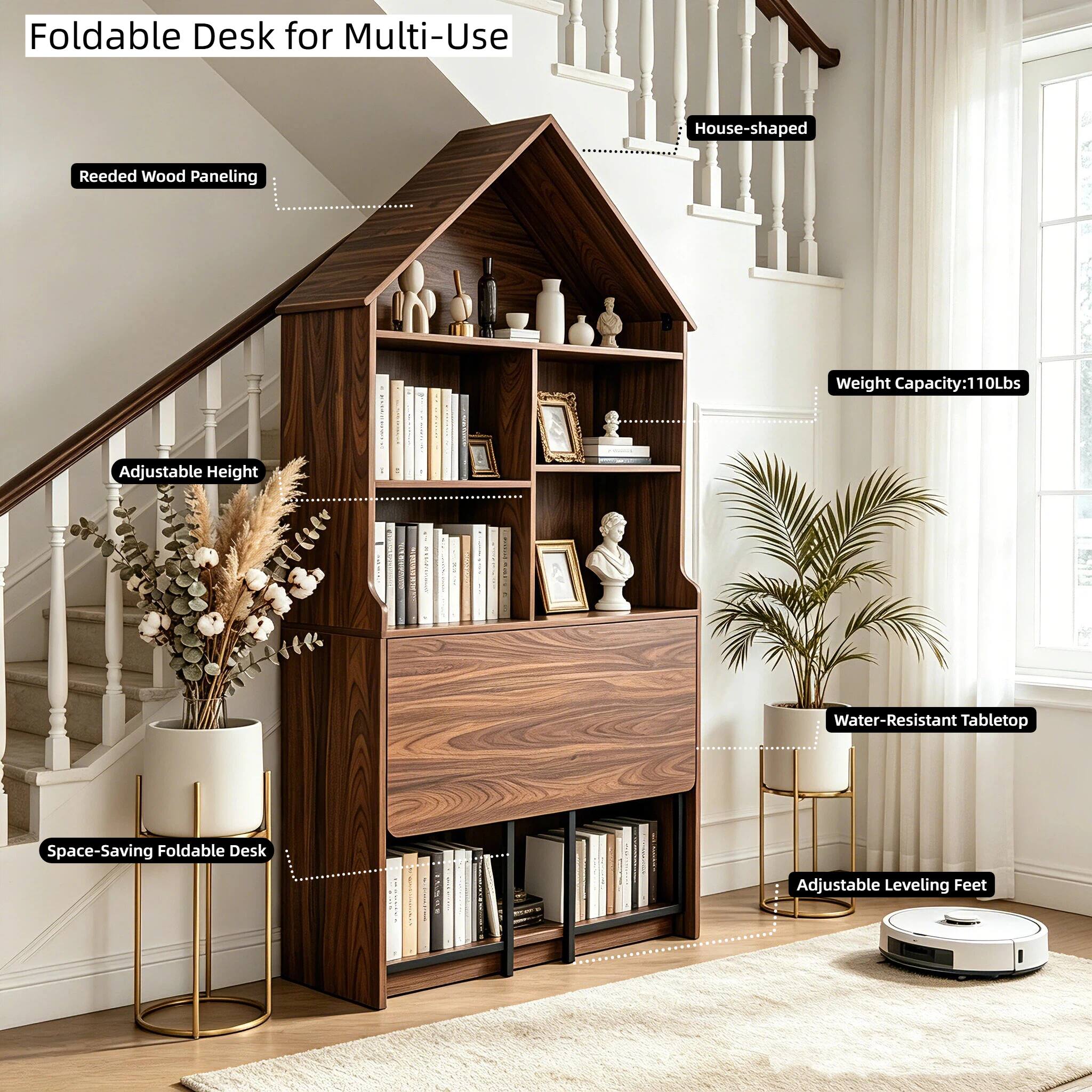 Foldable Desk for Multi-Use  
House-shaped  
Reeded Wood Paneling  
Adjustable Height  
Weight Capacity: 110Lbs  
Space-Saving Foldable Desk  
Water-Resistant Tabletop  
Adjustable Leveling Feet