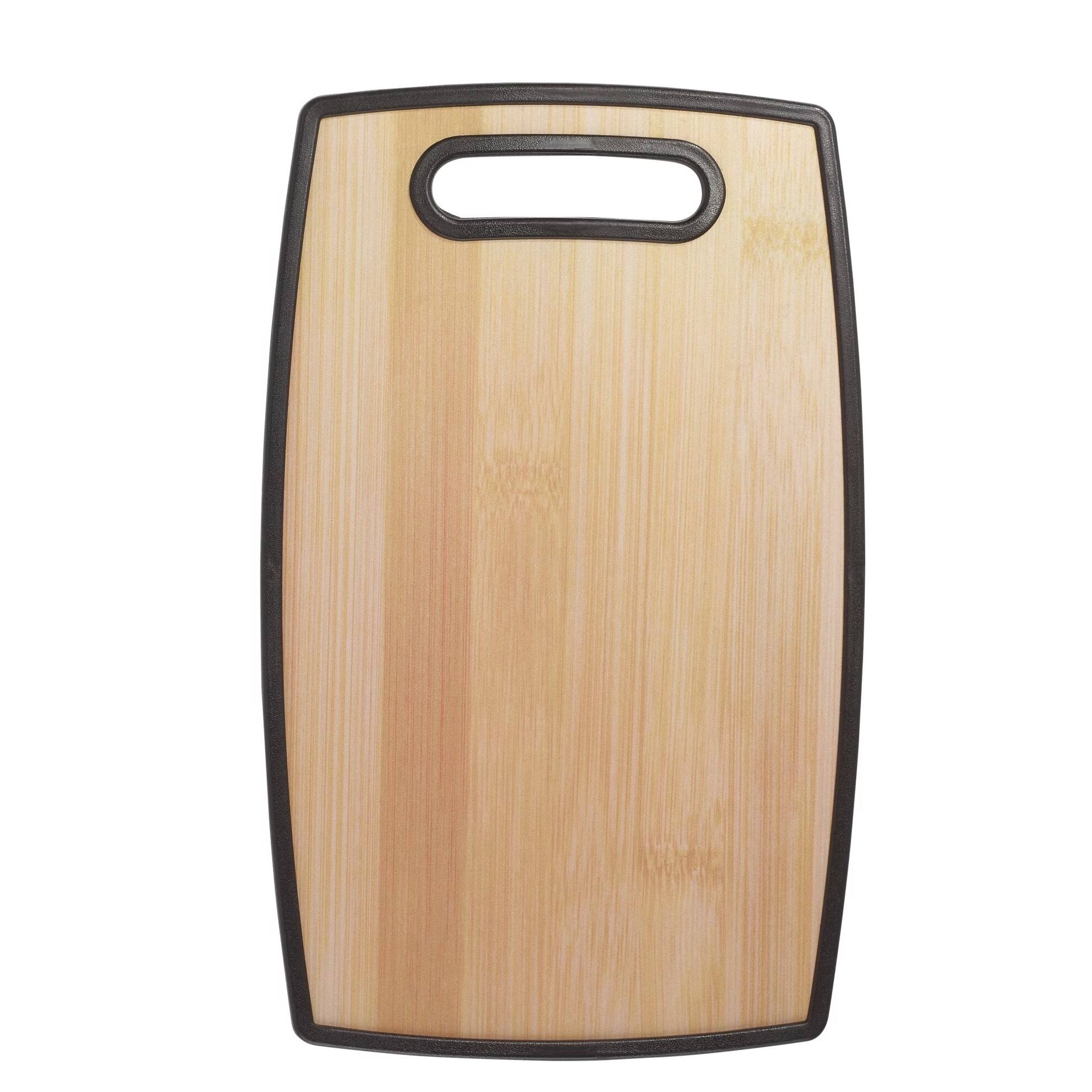Left. Elle Decor - 9" × 14.5" Kitchen Cutting Board with Handle, Durable Bamboo‑Designed Plastic, Dishwasher Safe - Brown.