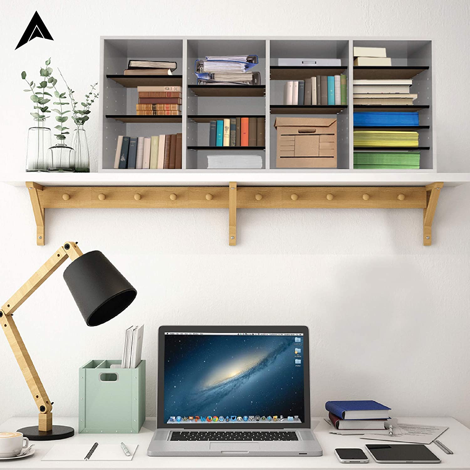 Left. AdirOffice - Literature Organizer, Wood Adjustable 24 Compartment Literature File Organizer, 11.8”D x 39.3”W x 16.3”H - White.