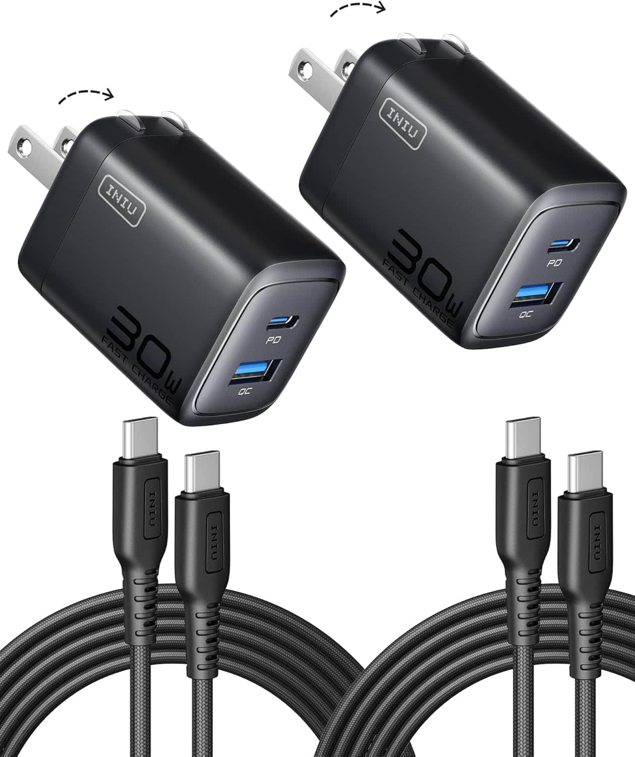 INIU - 30W PD QC 3.0 Dual Port Fast Charging 2-Pack Wall Charger with 5 ft USB-C Cable for iPhone Samsung S23 S22 AirPods - Black