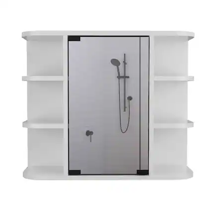 Front. TuHome - Milan Medicine Cabinet, Six External Shelves Mirror, Three Internal Shelves - White.
