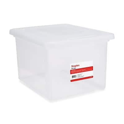 Front. Staples - File Box Plastic File Box Snap, Letter/Legal Size - Clear.