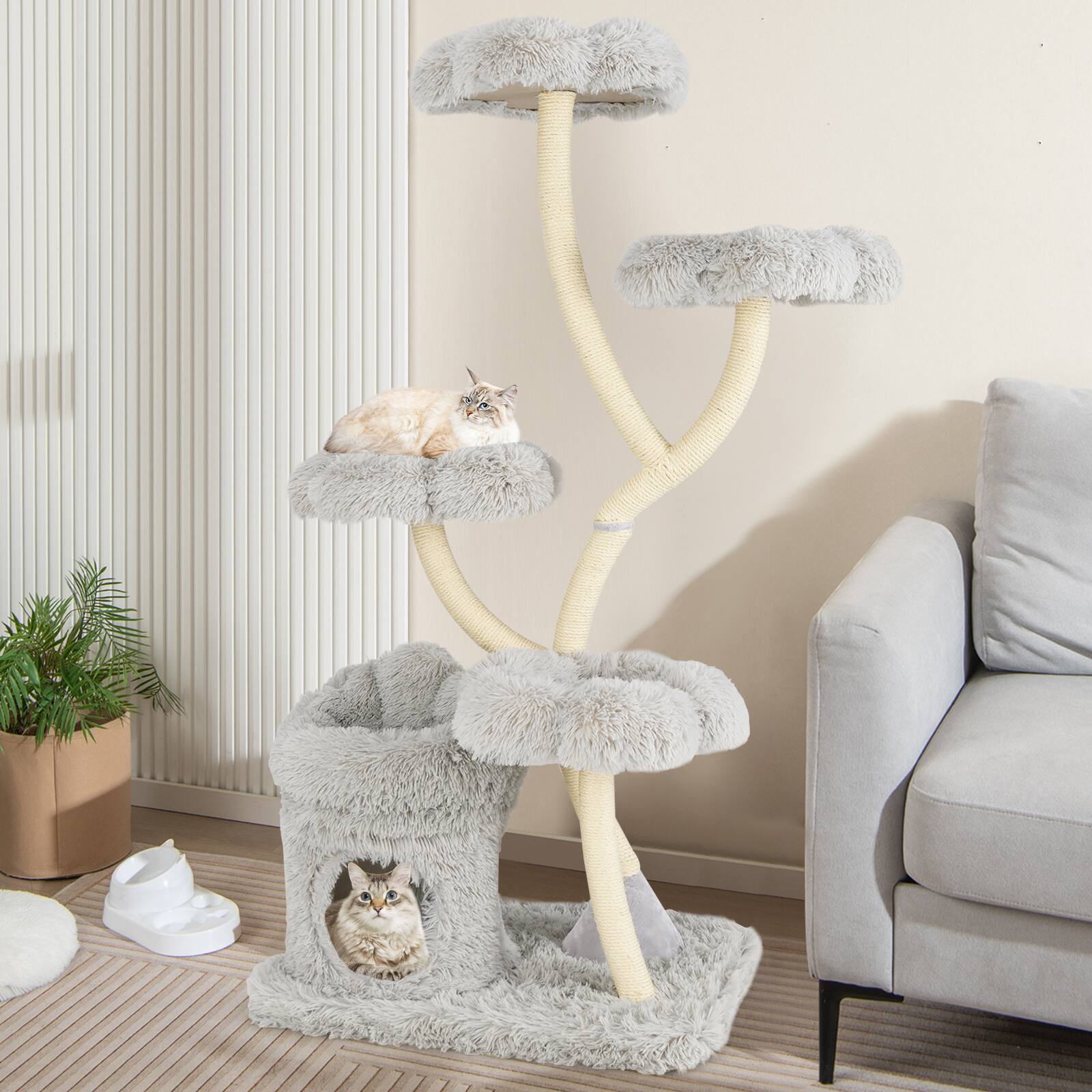 Alt View 3. Gymax - Gymax Freestanding Cat Tower Tall Cat Tree w/ four Flower-shaped Platforms Cat Condo Gray - GYM17359.