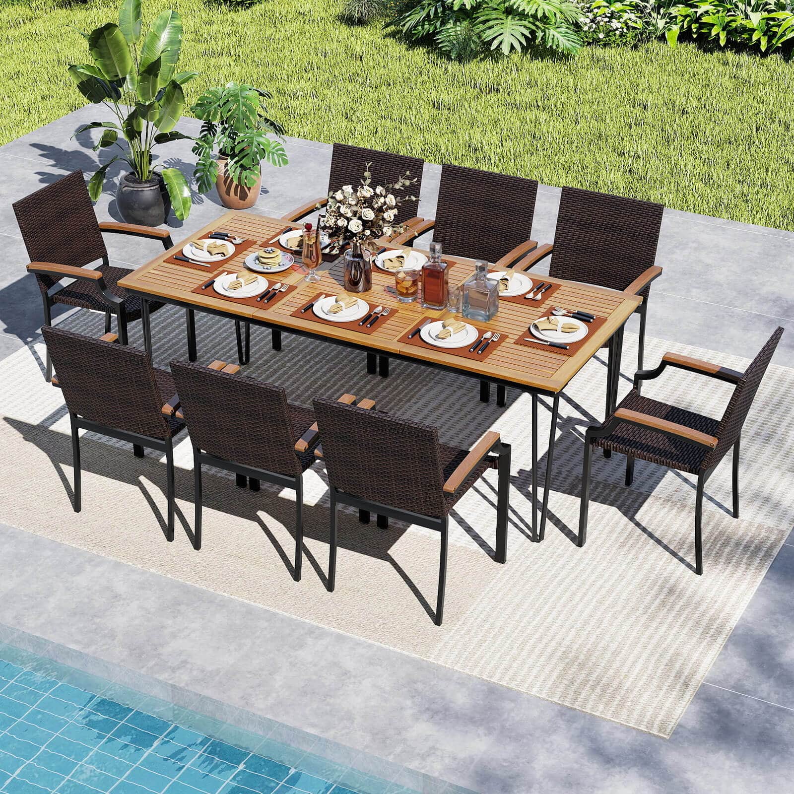 Costway - 9PCS Patio Dining Set with 79" Rectangular Dining Table & 8 Stackable Rattan Chairs - Mix Brown
