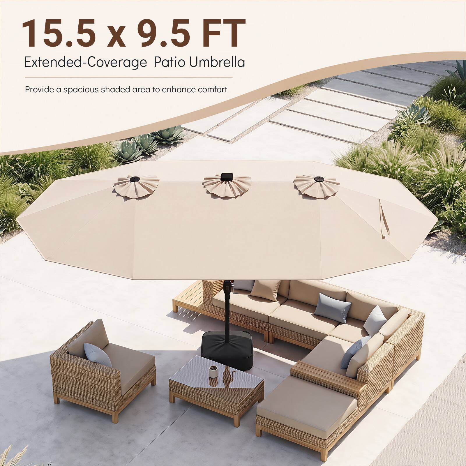 15.5 x 9.5 FT Extended-Coverage Patio Umbrella

Provide a spacious shaded area to enhance comfort