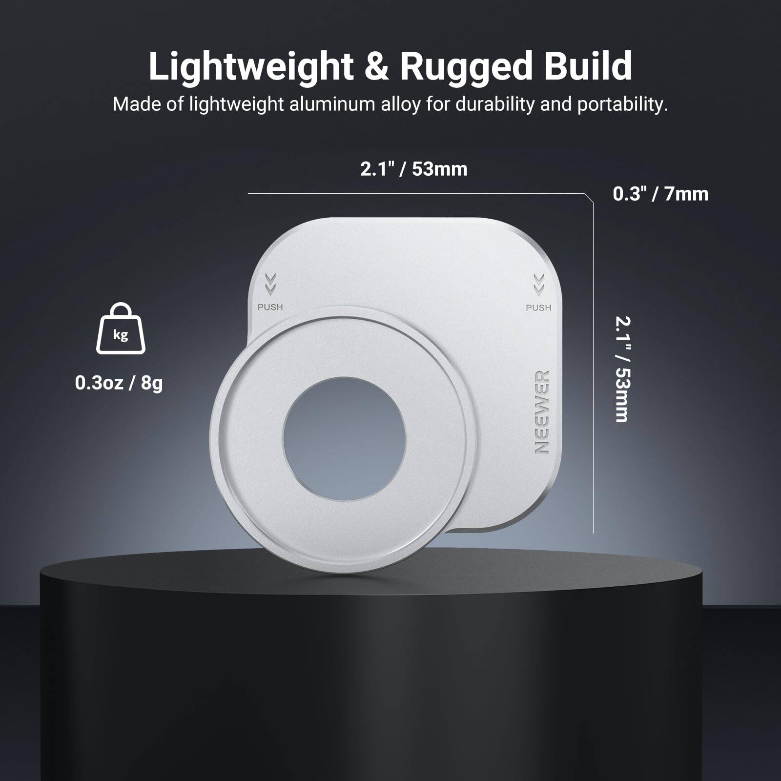 Lightweight & Rugged Build  
Made of lightweight aluminum alloy for durability and portability.

- 2.1" / 53mm
- 0.3" / 7mm
- 0.3oz / 8g
- 0.3oz / 8g