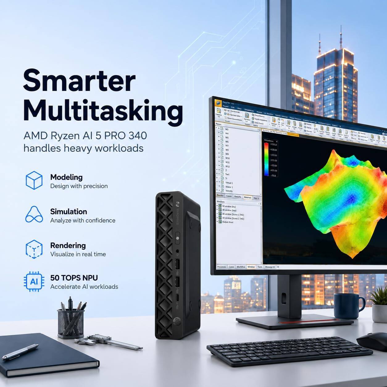 Smarter Multitasking  
AMD Ryzen AI 5 PRO 340 handles heavy workloads  

Modeling  
Design with precision  

Simulation  
Analyze with confidence  

Rendering  
Visualize in real time  

50 TOPS NPU  
Accelerate AI workloads