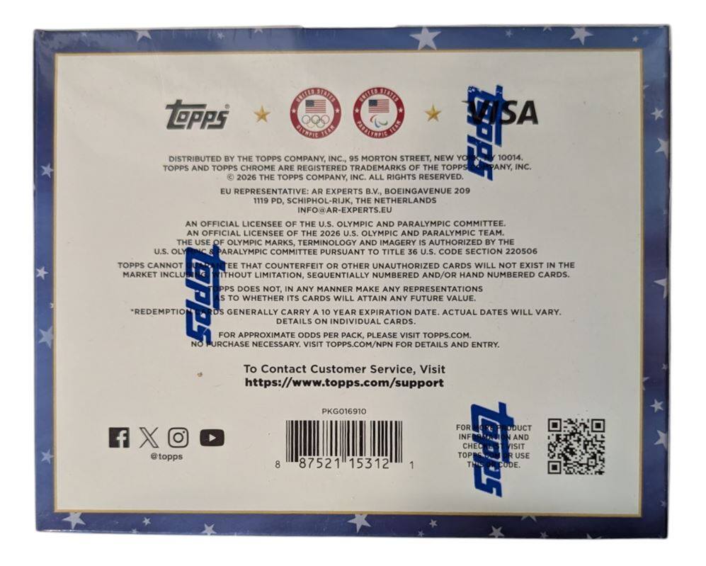 SETTTE 11 HRITE 1101D toPpS VISA GLYNFIE TEAR GAIIDE FEAN DISTRIBUTED BY THE TOPPS COMPANY, INC. 95 MORTON STREET, NEW YO 10014 TOPPS AND TOPPS CHROME ARE REGISTERED TRADEMARKS OF THE TOPPS PANY, INC. 2026 THE TOPPS COMPANY, INC. ALL RIGHTS RESERVED. EU REPRESENTATIVE: AR EXPERTS B.V., BOEINGAVENUE 209 1119 PD, SCHIPHOL-RIJK, THE NETHERLANDS @AR-EXPERTS.EU AN OFFICIAL LICENSEE OF THE U.S. OLYMPIC AND PARALYMPIC COMMITTEE. AN OFFICIAL LICENSEE OF THE 2026 U.S. OLYMPIC AND PARALYMPIC TEAM. THE USE OF OLYMPIC MARKS, TERMINOLOGY AND IMAGERY IS AUTHORIZED BY THE U.S. OLYMPIC AND PARALYMPIC COMMITTEE PURSUANT TO TITLE 36 U.S. CODE SECTION 220506 TOPPS CANNOT MARK