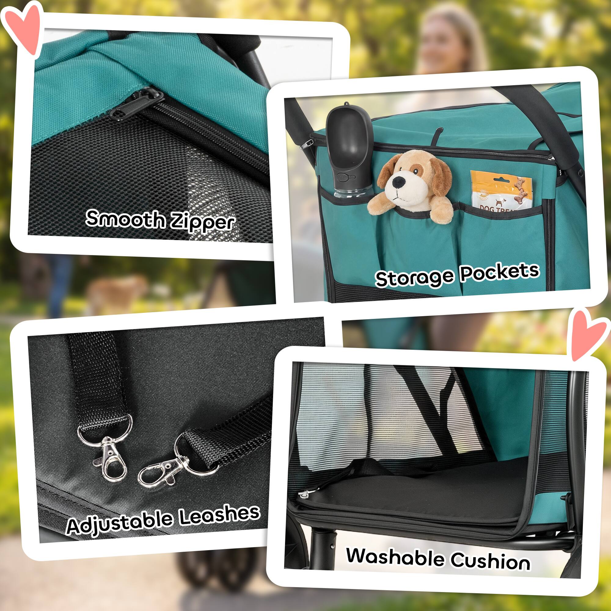 Smooth Zipper  
Storage Pockets  
Adjustable Leashes  
Washable Cushion