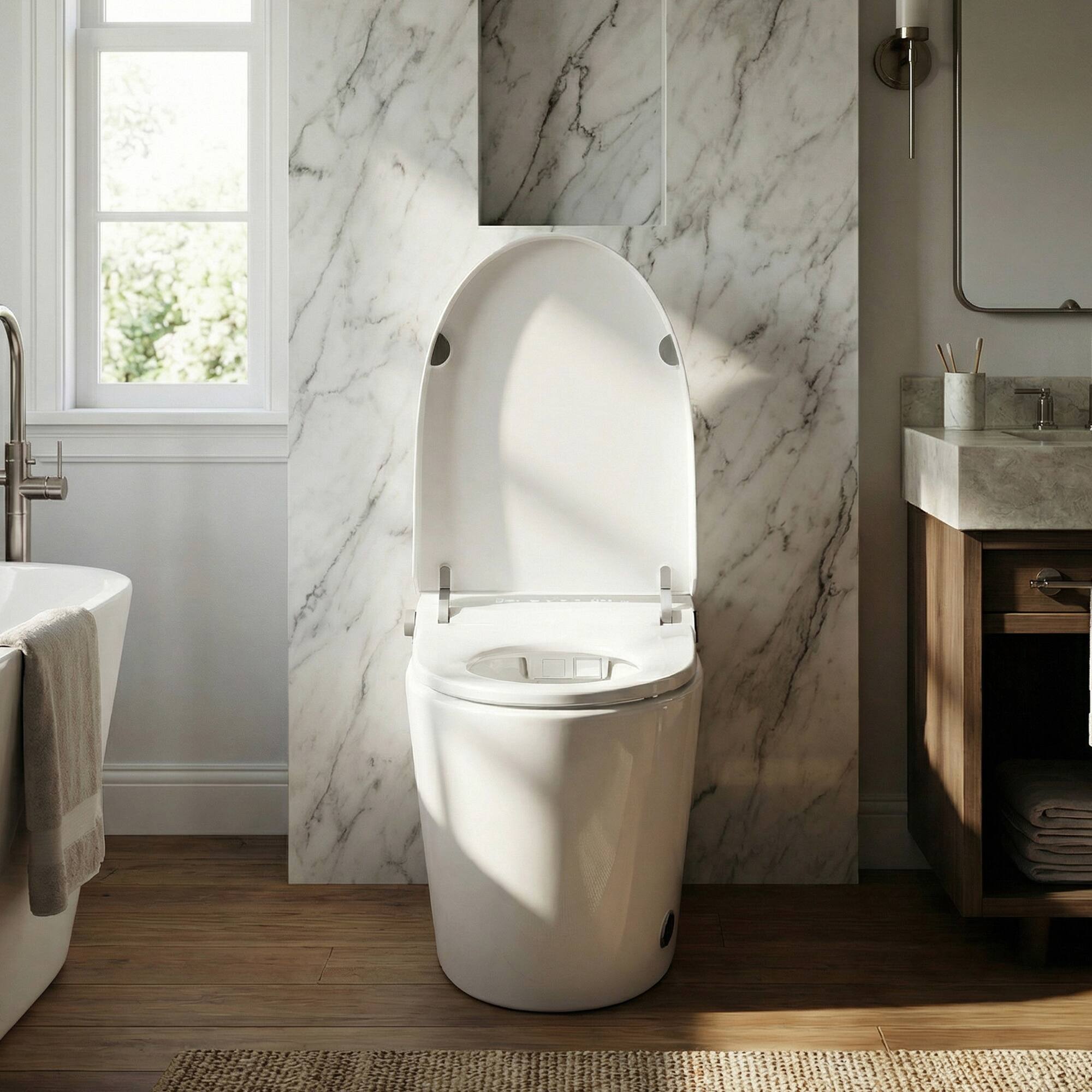 Angle. TOTTE - Smart Toilet with Auto Open Lid & Foot Sensor - Intelligent One-Piece Bidet Toilet,Heated Seat Warm Water Wash Air Dryer - White.
