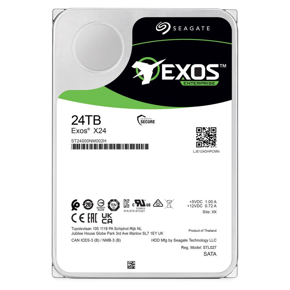 SEAGATE TM EXOS ENTERPRISE 24TB Exos X24 SECURE ST24000NM002H LJE124DHPCMN UR +5VDC 1.00 A 20 083897 TUV -E IC C US +12VDC 0.72 10654 Rans R-R-STX-027 Site: XX UK E EAC CA Tupolevlaan 105 1119 PA Schiphol-Rijk NL Product of Thailand Jubilee House Globe Park 3rd Ave Marlow SL7 1EY UK CAN ICES-3 (B) NMB-3 (B) HDD Mfg by Seagate Technology LLC Reg. Model: STL027 SATA