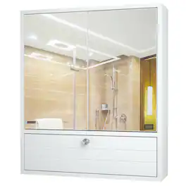 WELLFOR - Double-Door Mirrored Medicine Cabinet with 3 Hidden Compartments and Flip-Down Storage - White
