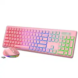 Luckbyte - Rechargeable Silent Wireless Keyboard and Mouse Combo - Rainbow LED Backlit, Slim Ergonomic Set for PC & Laptop - Pink