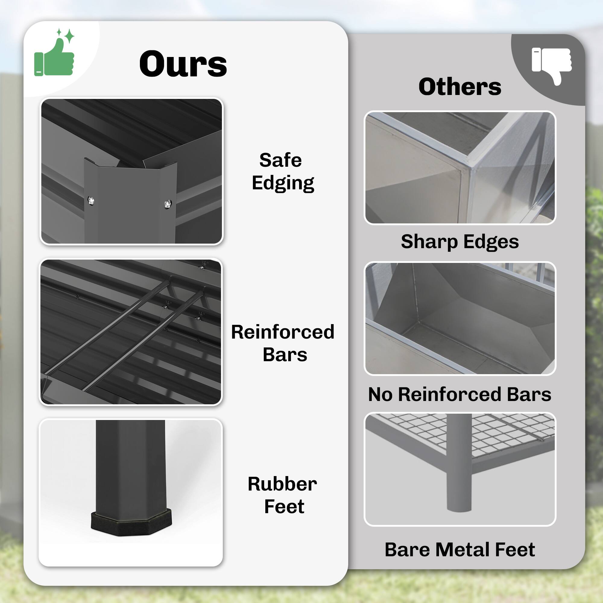 Ours  
- Safe Edging  
- Reinforced Bars  
- Rubber Feet  

Others  
- Sharp Edges  
- No Reinforced Bars  
- Bare Metal Feet