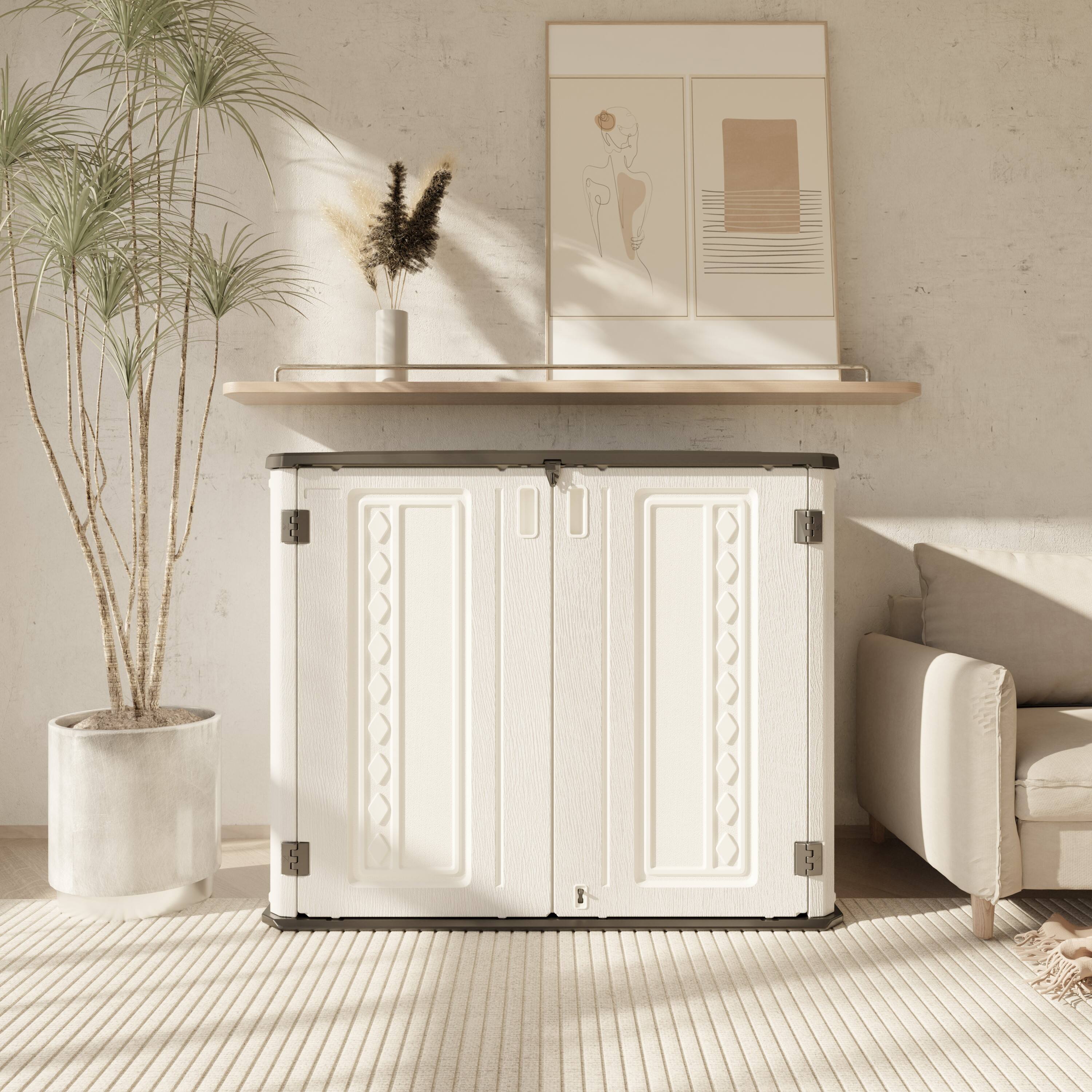 Angle. Decksplore - Outdoor Storage Shed-Horizontal Storage Cabinet Waterproof for Garden, Patios Backyards Resin Tool Shed - White.