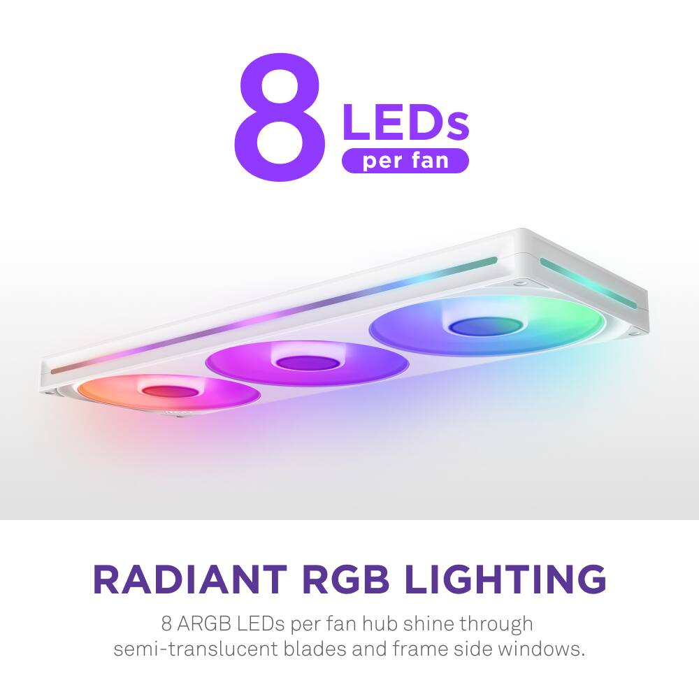 Radiant RGB Lighting: 8 ARGB LEDs per fan hub shine through semi-translucent blades and frame side windows.