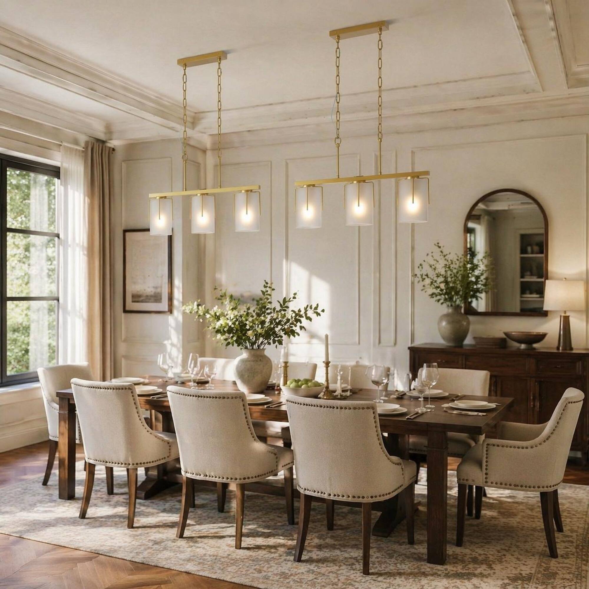 Left. RYHNUYNE - Modern Gold 3-Light Linear Chandelier with Frosted Glass Shades, Dining Room Lighting for Kitchen Island & Dining Room - Gold.