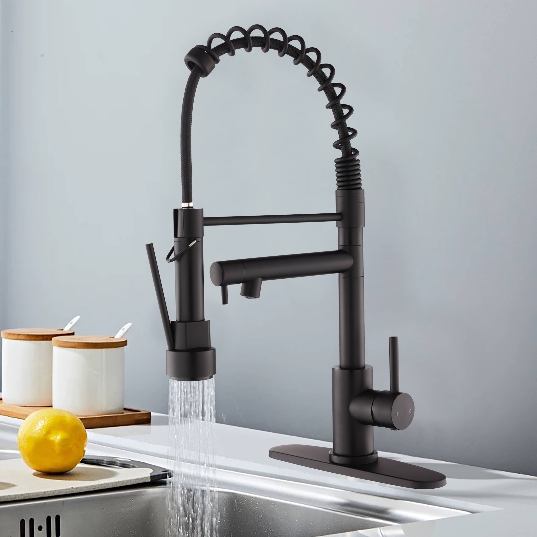 Angle. DOMETOUR - Kitchen Faucet with Pull Down Sprayer, Touch On Single Handle 2- Function Stainless Steel Spring Neck - Matte Black.