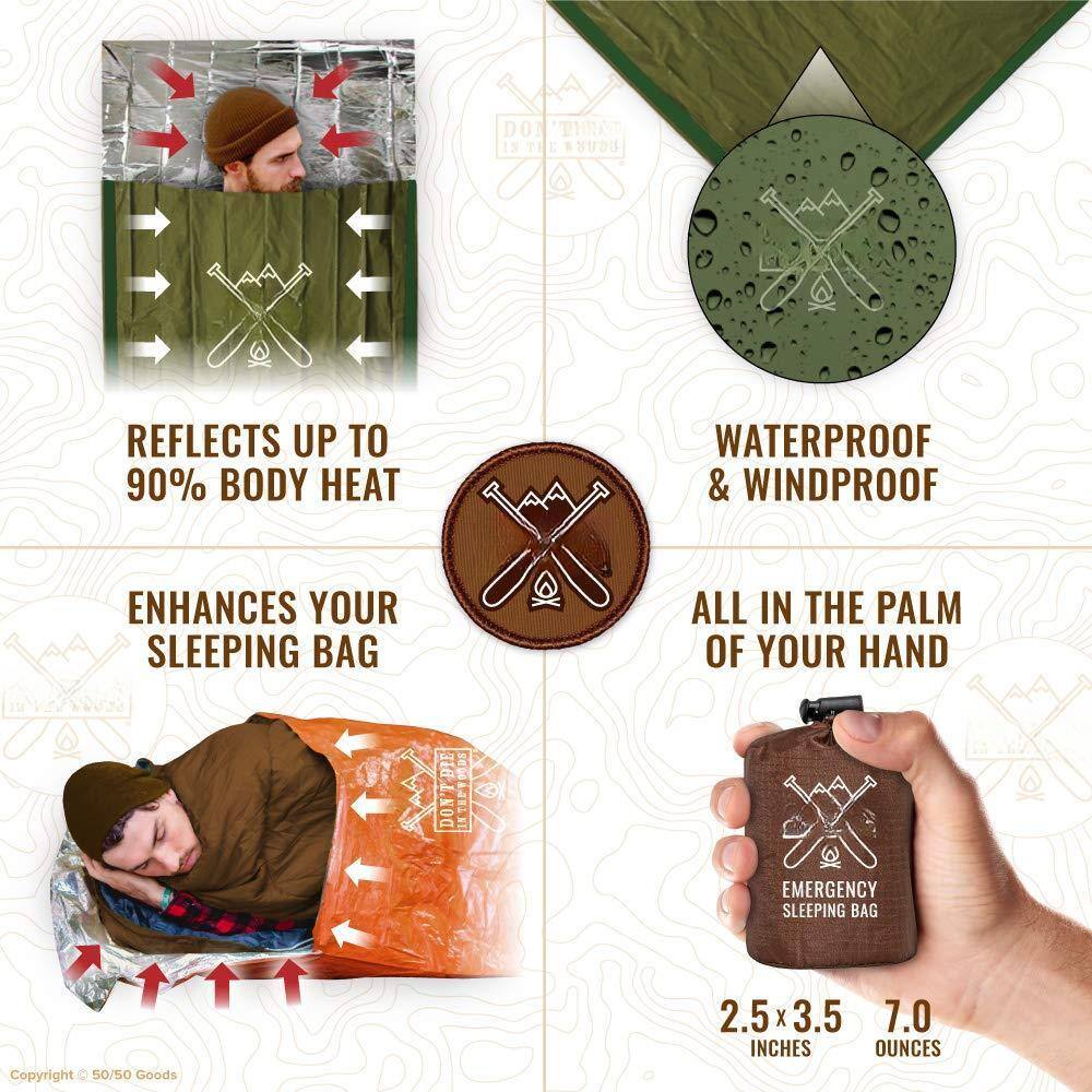 - Reflects up to 90% body heat
- Waterproof & Windproof
- Enhances your sleeping bag
- All in the palm of your hand
- Emergency sleeping bag
- 2.5 x 3.5 inches
- 7.0 ounces
- Copyright © 50/50 Goods