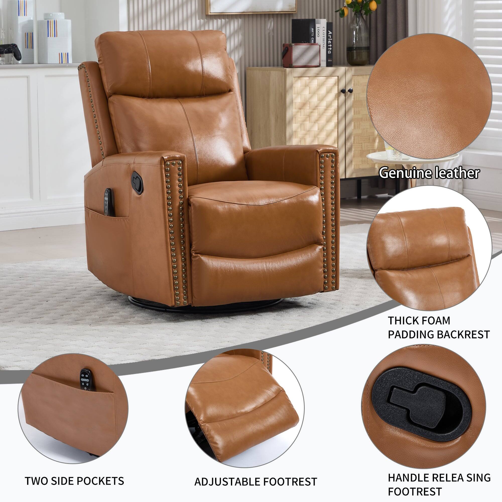 - Genuine leather
- Thick foam padding backrest
- Two side pockets
- Adjustable footrest
- Handle release footrest