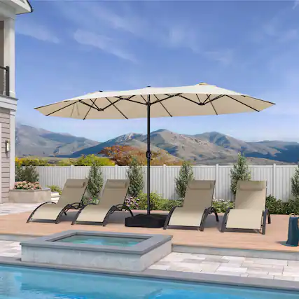 Front. PURPLE LEAF - 14 ft. Patio Market Umbrella with Base Double-Sided Outdoor Table Sun Umbrellas with Crank for Pool Beach Deck Backyard - Beige.