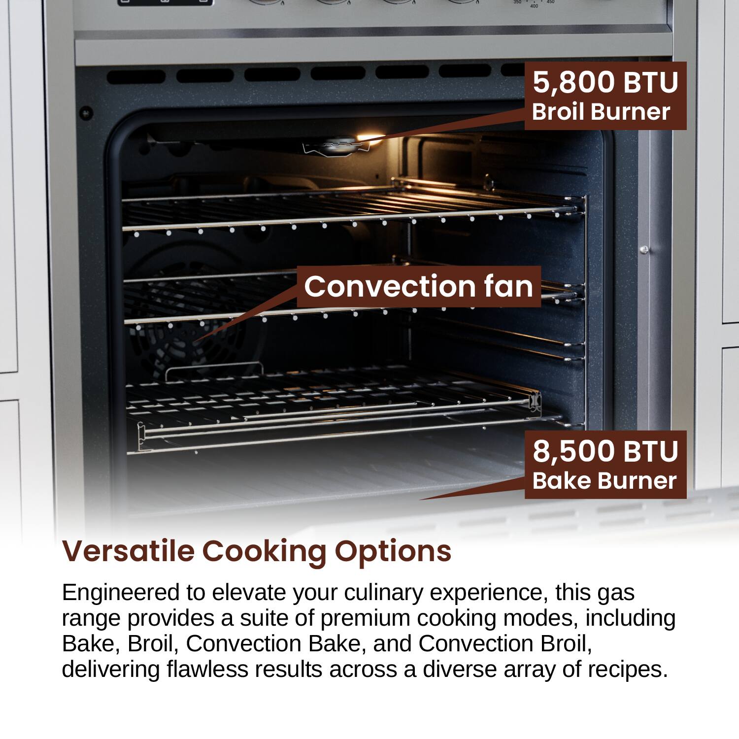 5,800 BTU Broil Burner
Convection fan
8,500 BTU Bake Burner
Versatile Cooking Options
Engineered to elevate your culinary experience, this gas range provides a suite of premium cooking modes, including Bake, Broil, Convection Bake, and Convection Broil, delivering flawless results across a diverse array of recipes.