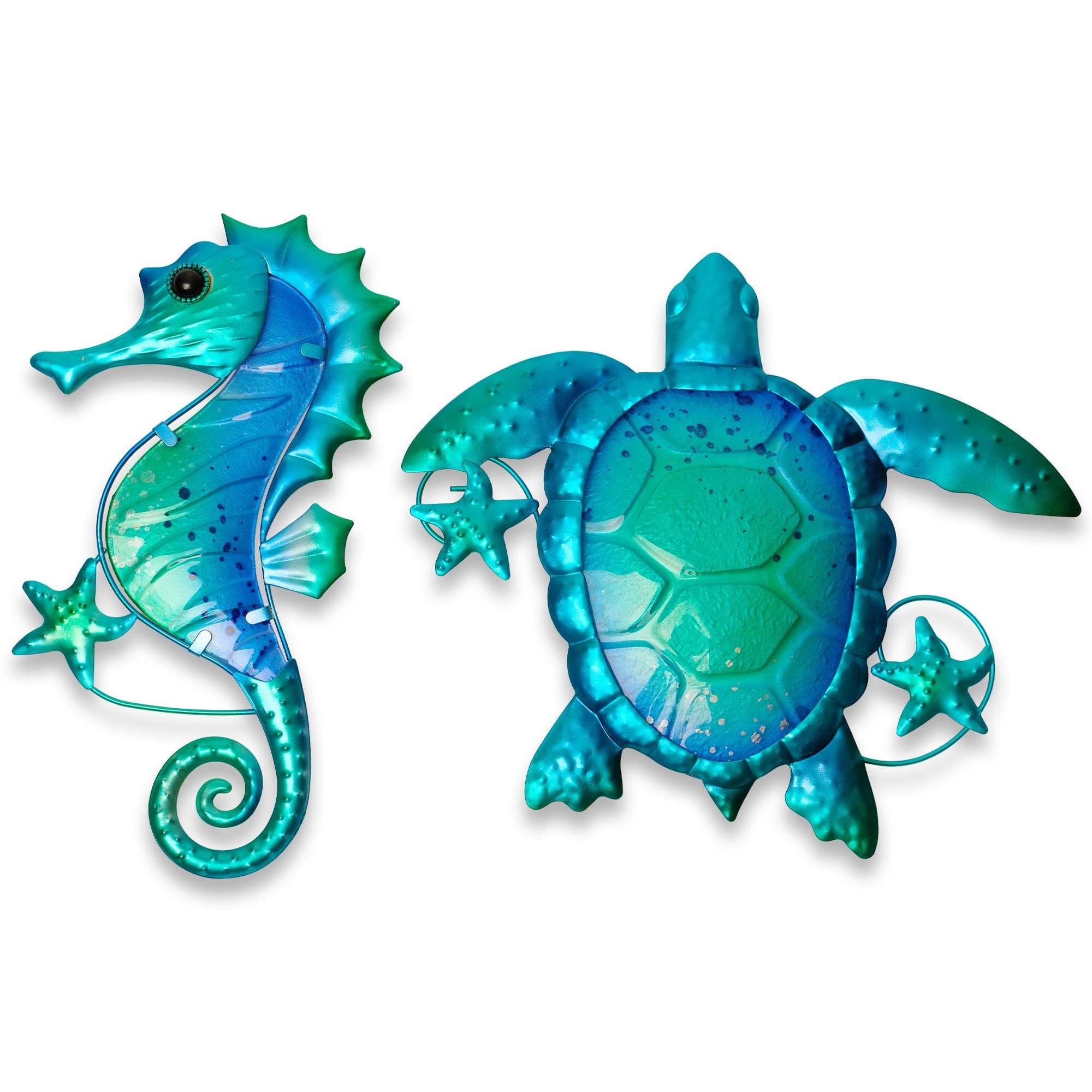 G128 - Turtle and Seahorse Metal Wall Art Set Coastal Ocean Indoor Outdoor Hanging Decor - Teal