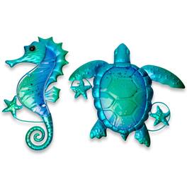 G128 - Turtle and Seahorse Metal Wall Art Set Coastal Ocean Indoor Outdoor Hanging Decor - Teal