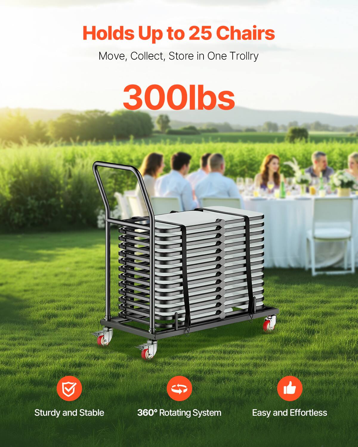 Holds Up to 25 Chairs, Move, Collect, Store in One Trollry, 300lbs, Sturdy and Stable, 360° Rotating System, Easy and Effortless