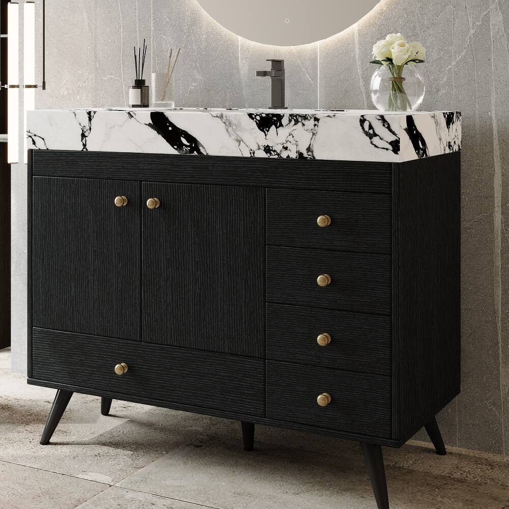 Alt View 1. Loheer - Loheer 36 inch freestanding bathroom vanity black and gold modern vanity faux marble top - Black, Gold, White.