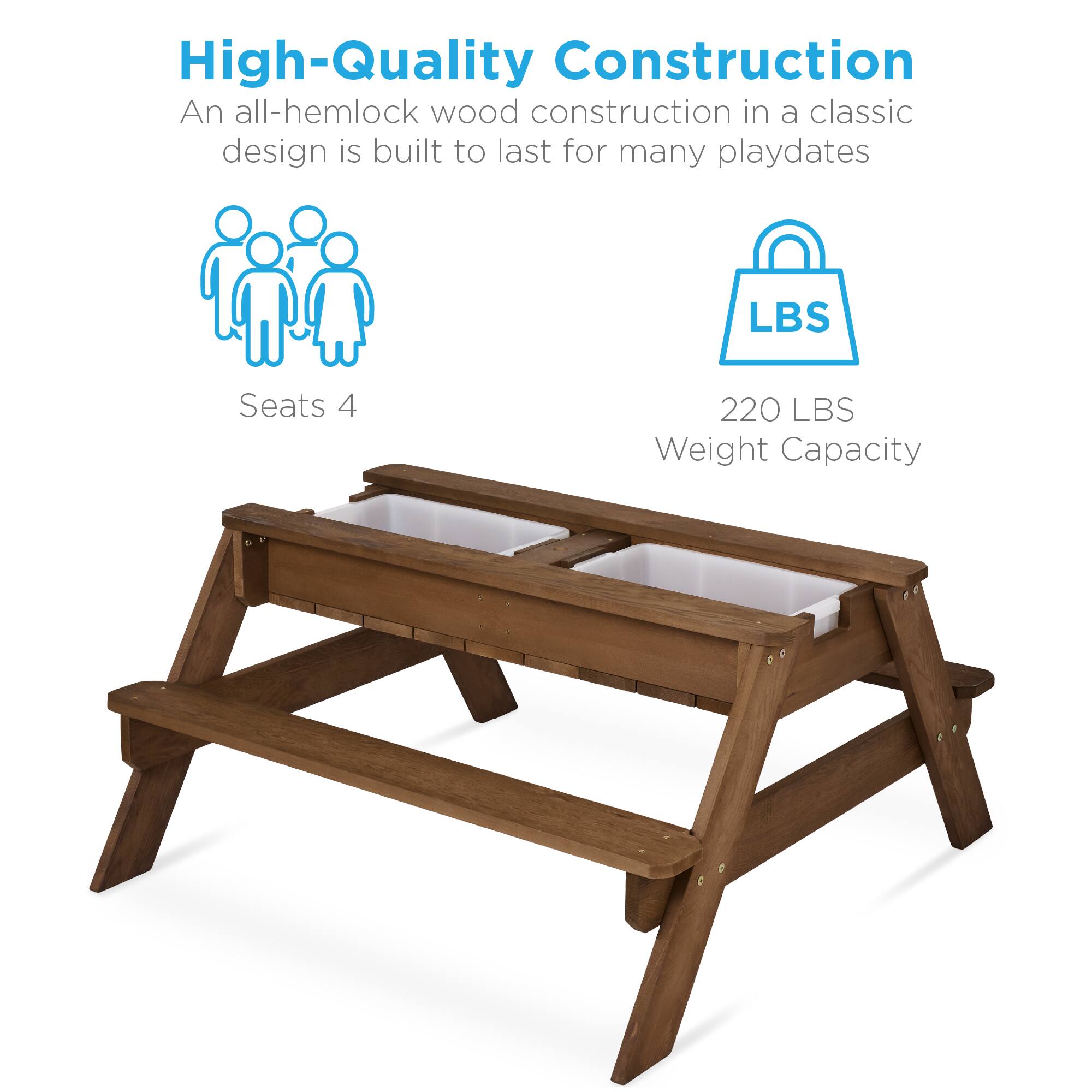 High-Quality Construction  
An all-hemlock wood construction in a classic design is built to last for many playdates  

Seats 4  

220 LBS Weight Capacity